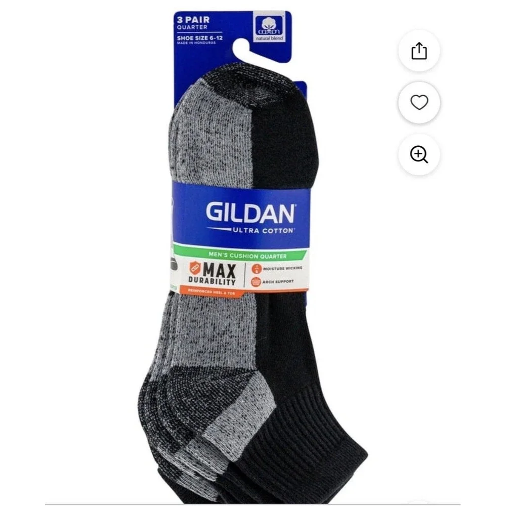 Gildan Men’s Ultra Cotton Quarter Socks Black 3 Pack Size 6-12